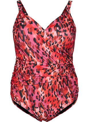 Zizzi Badeanzug mit Print und Wickeleffekt, Red Leopard AOP, Packshot image number 0
