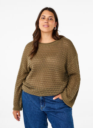 Zizzi Strickpullover mit Lochmuster, Dusky Green, Model image number 0