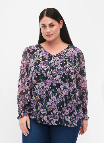 ZizziGeblümte Bluse mit langen Ärmeln und V-Ausschnitt, Black Small Fl. AOP, Model image number 0