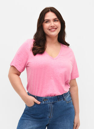 Zizzi Kurzärmeliges Basic T-Shirt mit V-Ausschnitt, Rosebloom, Model image number 0