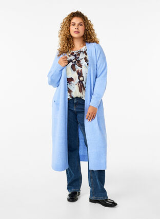 ZizziLange Strickjacke mit Taschen, Cornflower Blue Mel., Model image number 0