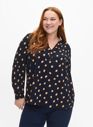 ZizziFLASH – Langärmlige Bluse mit Druck, Blue Double Dot, Model image number 0