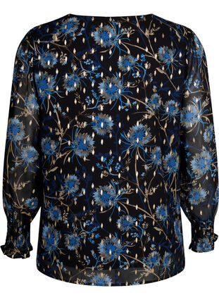 Zizzi Geblümte Bluse mit langen Ärmeln und V-Ausschnitt, Black Blue Flower , Packshot image number 1