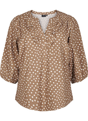 ZizziGepunktete Baumwollbluse mit 3/4-Arm, Coca Mocha Dot , Packshot image number 0