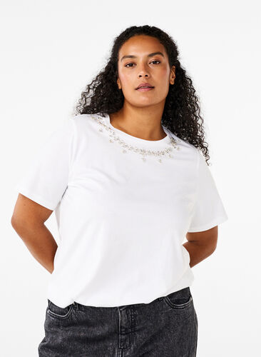 ZizziT-Shirt mit Rundhalsausschnitt und Strasssteinen, Bright White, Model image number 0