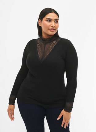 ZizziGerippte Viskosebluse mit Spitze, Black, Model image number 0