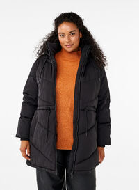 Mittellange Pufferjacke mit Kapuze, Black, Model