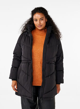 ZizziMittellange Pufferjacke mit Kapuze, Black, Model image number 0