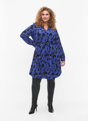 ZizziBedrucktes Kleid mit Tunnelzug in der Taille, Black Blue AOP, Model image number 2