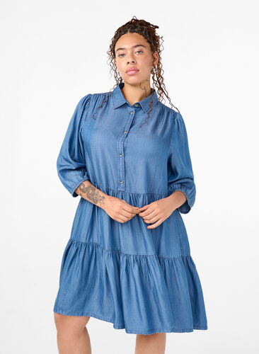 ZizziDenim-Kleid aus TENCEL™ Lyocell mit 3/4 Ärmeln, Blue Denim, Model image number 0