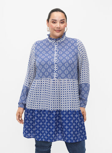 ZizziA-förmiges Kleid mit Mustern und Schnittlinien, Blue AOP, Model image number 0