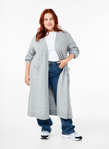 ZizziLange Strickjacke mit Taschen, Light Grey Melange, Model image number 0