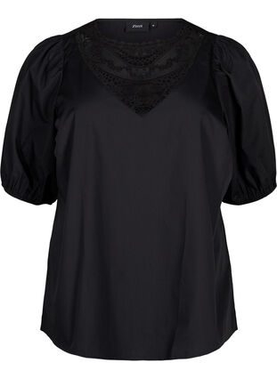 ZizziKurzärmelige Bluse mit Spitzendetail, Black, Packshot image number 0