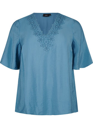 ZizziViskose-Bluse mit V-Ausschnitt und Stickdetail, Blue Heaven, Packshot image number 0