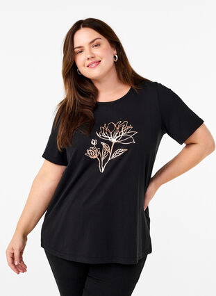 ZizziFLASH - T-Shirt mit Motiv, Black R. Gold Flower, Model image number 0