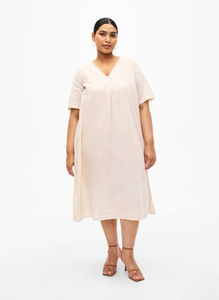 Zizzi Kaftan-Kleid aus Baumwollmischung mit Leinen, Sandshell, Model image number 3