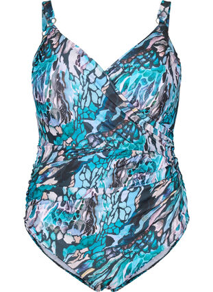 Zizzi Badeanzug mit Print und Wickeleffekt, Blue Shell AOP, Packshot image number 0