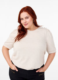 Bluse mit Knopfdetail und kurzen Puffärmeln, Oatmeal White Mel., Model