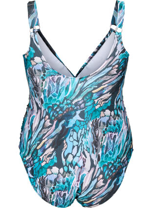 Zizzi Badeanzug mit Print und Wickeleffekt, Blue Shell AOP, Packshot image number 1