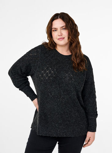 Zizzi Strickbluse mit Spitzenmuster, Dark Grey Melange, Model image number 0