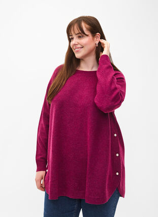 ZizziGestrickter Melange-Pullover mit Perlenknöpfen an den Seiten	, Raspberry Mel., Model image number 0