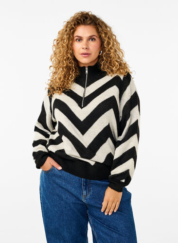 ZizziHochgeschlossener Strickpullover mit Reißverschluss, Black Birch Stripe, Model image number 0