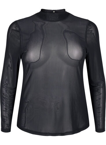 ZizziEnganliegende Mesh-Bluse mit langen Ärmeln, Black, Packshot image number 0