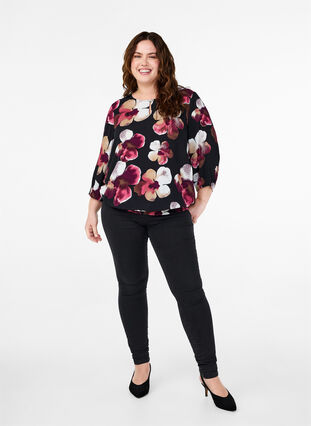 Zizzi Viskosebluse mit Print und Kittel, Black Pink FlowerAOP, Model image number 2