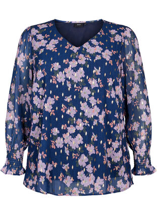 ZizziGeblümte Bluse mit langen Ärmeln und V-Ausschnitt, Blue Small Fl. AOP, Packshot image number 0