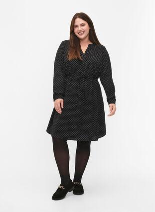 ZizziBedrucktes Kleid mit Kordelzug an der Taille, Black Dot, Model image number 2