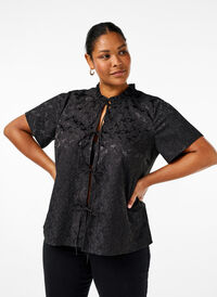 Kurzärmelige Jacquard-Bluse mit Schleifen, Black, Model