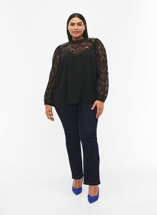 ZizziLangärmelige Bluse mit Spitze, Black, Model image number 2