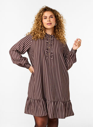 ZizziKurzes gestreiftes Kleid mit Rüschen, Hot Fudge Stripe AOP, Model image number 0