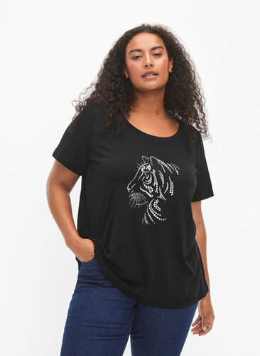 ZizziBaumwoll-T-Shirt mit Motiv, Black w. Lion, Model image number 0