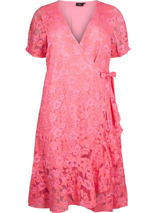 Zizzi Wickelkleid mit Spitze und kurzen Ärmeln, Pink Carnation, Packshot image number 0
