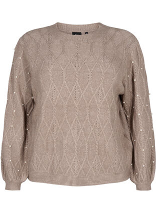 ZizziGestrickter Pullover mit Muster und Perlen, Desert Taupe Mel., Packshot image number 0