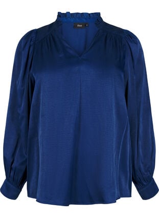 Zizzi Langärmelige Bluse mit Rüschen und V-Ausschnitt, Estate Blue, Packshot image number 0