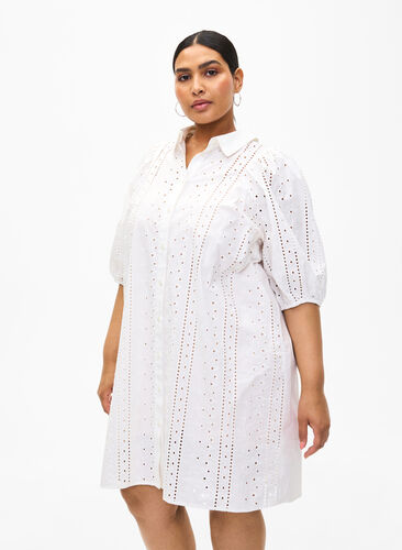 Hemdkleid aus Baumwolle mit Lochstickerei, Off White, Model image number 0