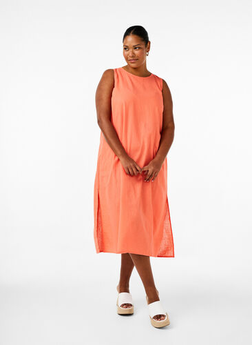 ZizziÄrmelloses Kleid aus Baumwollmischung mit Leinen, Living Coral, Model image number 0