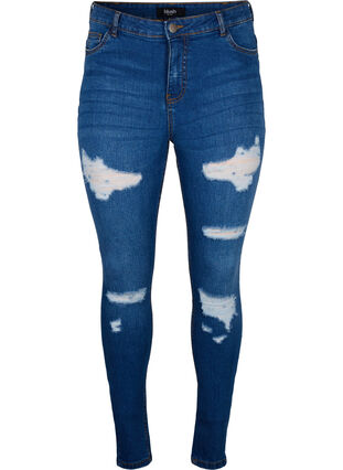 Zizzi Slim-Fit-Jeans mit Abriebdetails, Blue Denim, Packshot image number 0