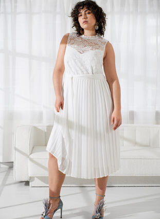 ZizziÄrmelloses Kleid mit Spitze und Falten, Bright White, Image image number 0