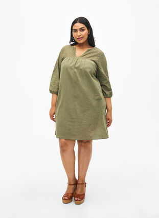 Zizzi Kleid aus einer Baumwollmischung mit Leinen und Häkeldetails, Deep Lichen Green, Model image number 2