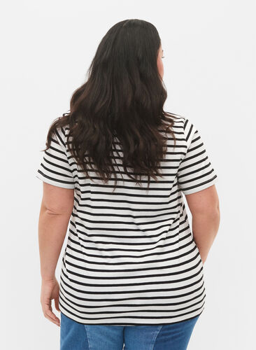 ZizziBaumwoll-T-Shirt mit Streifen und V-Ausschnitt, B. White/Bl. Stripes, Model image number 1