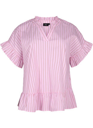 Zizzi Gestreifte Bluse mit Schößchen- und Rüschendetails, Pink Red Stripe, Packshot image number 0