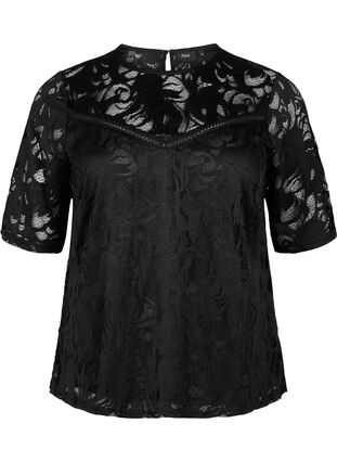 Zizzi Bluse mit Spitze und kurzen Ärmeln, Black, Packshot image number 0