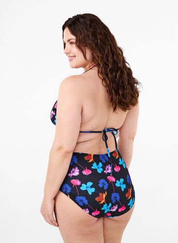 Zizzi Bikinihose mit Aufdruck und hoher Taille, Black Flower AOP, Model image number 1