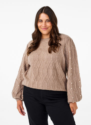 ZizziGestrickter Pullover mit Muster und Perlen, Desert Taupe Mel., Model image number 0