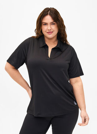 Zizzi Polo-T-Shirt mit V-Ausschnitt, Black, Model image number 0