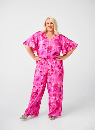 ZizziGeblümter Jumpsuit mit Fledermausärmeln, Pink Rose AOP, Model image number 0