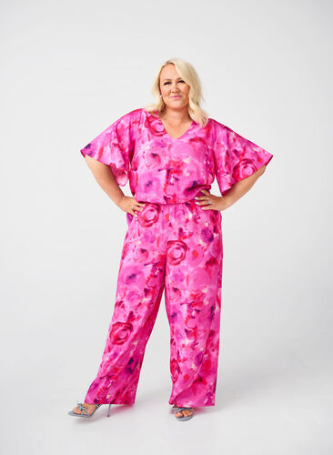 ZizziGeblümter Jumpsuit mit Fledermausärmeln, Pink Rose AOP, Model image number 0